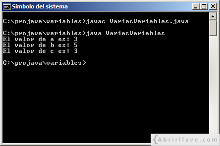 Ejecución del programa VariasVariables escrito en Java.