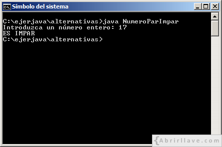 Visualización en pantalla del programa Número par impar, resuelto en Java.
