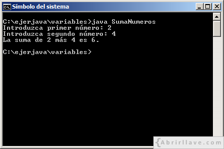 Visualización en pantalla del programa Suma de dos números, resuelto en Java.