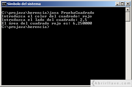 Ejecución del programa PruebaCuadrado escrito en Java, donde se muestra el área de un cuadrado.