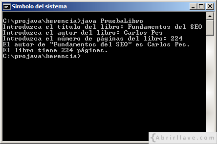 Ejecución del programa PruebaLibro escrito en Java, donde se introducen los datos de un libro y, después, se muestran por pantalla.