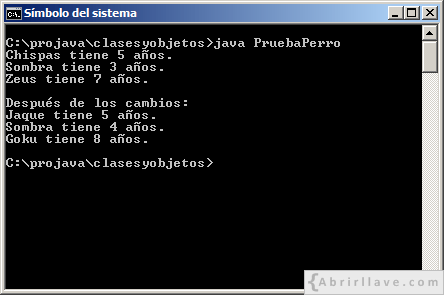Ejecución del programa PruebaPerro escrito en Java, donde se invoca a un método sobrecargado.