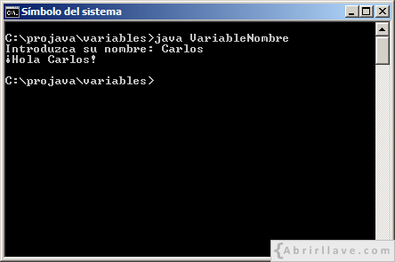 Ejecución del programa NombreVariable escrito en Java, utilizando print.