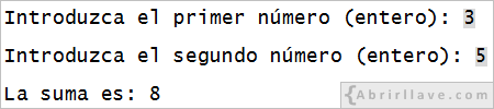 Visualización en pantalla de un programa que realiza la suma de dos números enteros.