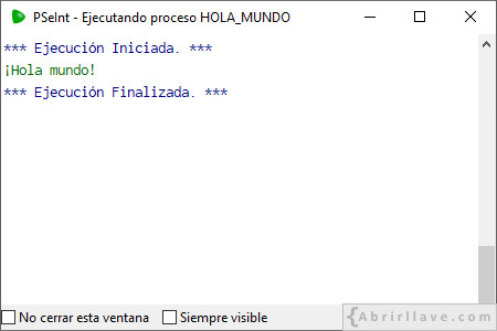 Ejecución del algoritmo Hola Mundo en PSeInt.