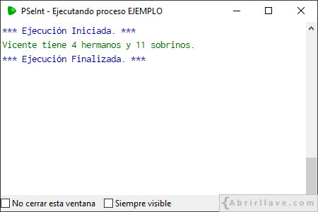 Ejemplo de salida por pantalla de la instrucción Escribir en pseudocódigo con PSeInt.