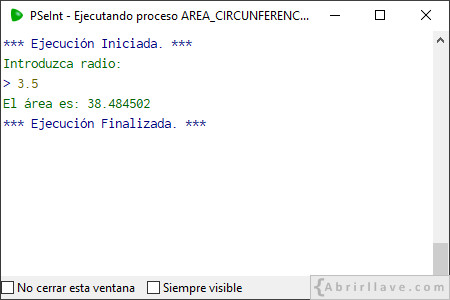 Ejemplo de salida por pantalla del programa ÁREA CIRCUNFERENCIA escrito en pseudocódigo con PSeInt.