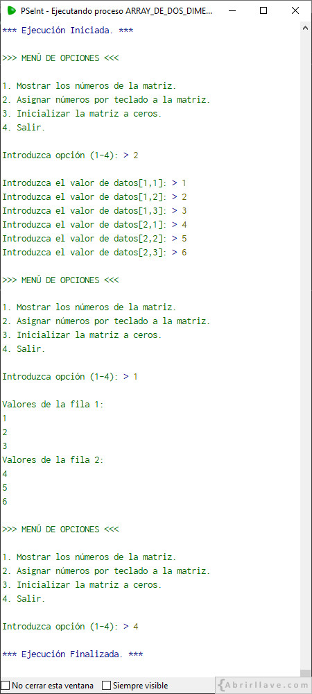 Ejemplo de salida por pantalla del programa ARRAY DE DOS DIMENSIONES escrito en pseudocódigo usando PSeInt.