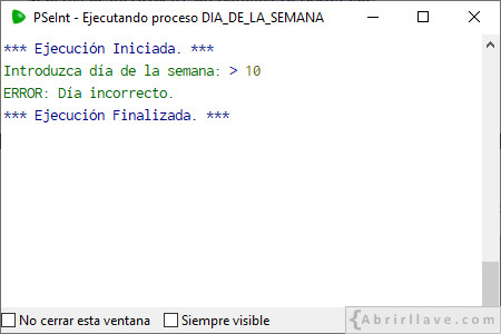 Ejemplo de salida por pantalla del programa DIA DE LA SEMANA escrito en pseudocódigo (con alternativa múltiple) usando PSeInt (Día incorrecto).