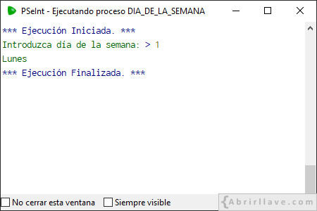 Ejemplo de salida por pantalla del programa DIA DE LA SEMANA escrito en pseudocódigo (con alternativa múltiple) usando PSeInt (Lunes).