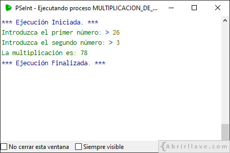 Ejemplo de salida por pantalla del programa MULTIPLICACIÓN DE DOS NÚMEROS ENTEROS escrito en pseudocódigo (con subalgoritmo) usando PSeInt.