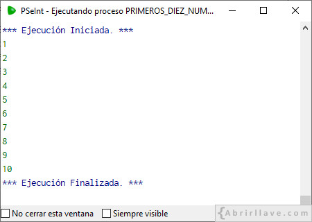 Ejemplo de salida por pantalla del programa PRIMEROS DIEZ NÚMEROS NATURALES escrito en pseudocódigo (con repetitiva mientras) usando PSeInt (del 1 al 10).