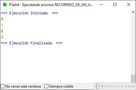 Ejemplo de salida por pantalla del programa RECORRIDO DE UN ARRAY escrito en pseudocódigo usando PSeInt.