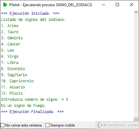 Ejemplo de salida por pantalla del programa SIGNO DEL ZODÍACO escrito en pseudocódigo (con alternativa múltiple) usando PSeInt (Sagitario).