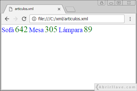 Visualización del archivo articulos.xml en Google Chrome - Ejercicio del tutorial de XML de {Abrirllave.com