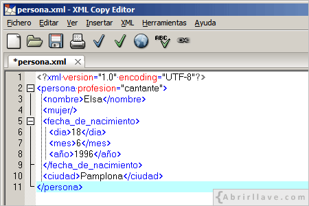 Visualización en pantalla de la edición del documento XML persona con XML Copy Editor.