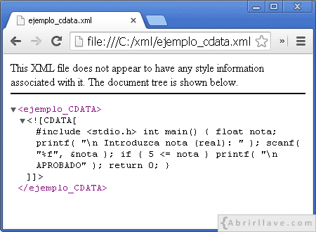 Visualización del archivo ejemplo_cdata.xml en Google Chrome - Ejemplo del tutorial de XML de {Abrirllave.com