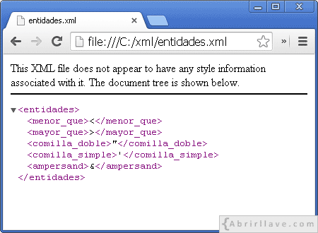 Visualización del archivo entidades.xml en Google Chrome - Ejemplo del tutorial de XML de {Abrirllave.com