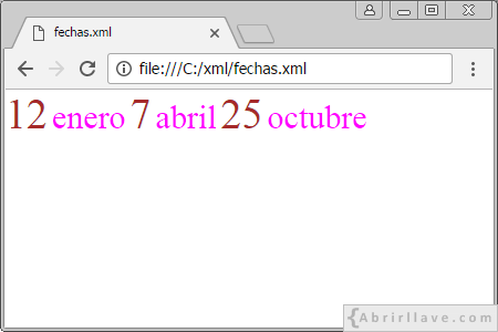 Visualización del archivo fechas.xml en Google Chrome - Ejercicio del tutorial de XML de {Abrirllave.com