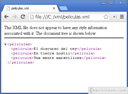 Visualización del archivo peliculas.xml en Google Chrome - Ejemplo del tutorial de XML de {Abrirllave.com