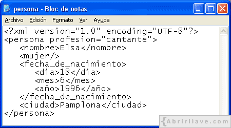 Código del archivo persona.xml en el Bloc de notas - Ejemplo del tutorial de XML de {Abrirllave.com