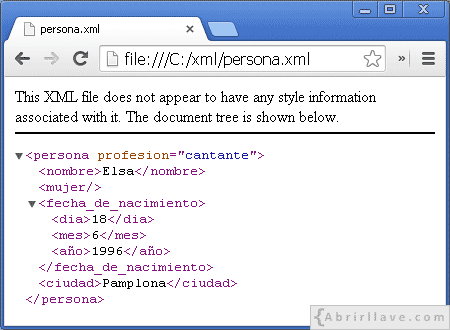 Visualización del archivo persona.xml en Google Chrome - Ejemplo del tutorial de XML de {Abrirllave.com