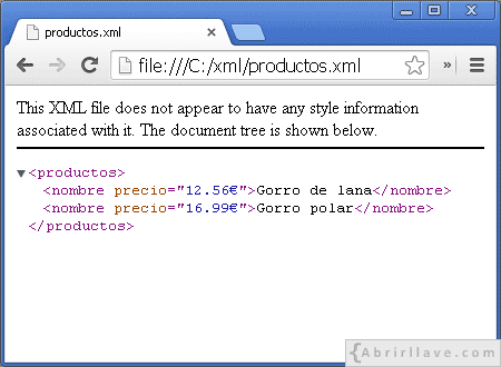 Visualización del archivo productos.xml en Google Chrome - Ejemplo del tutorial de XML de {Abrirllave.com