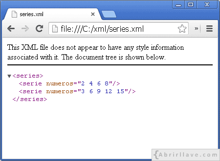 Visualización del archivo series.xml en Google Chrome - Ejemplo del tutorial de XML de {Abrirllave.com