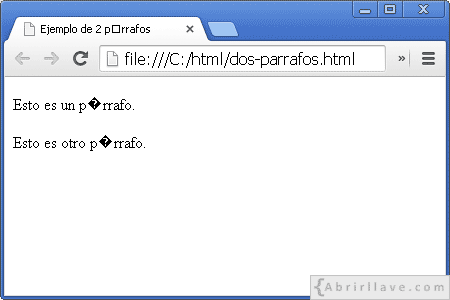 Visualización del archivo dos-parrafos.html en Google Chrome guardado en codificación ANSI - Ejemplo del tutorial de HTML de {Abrirllave.com