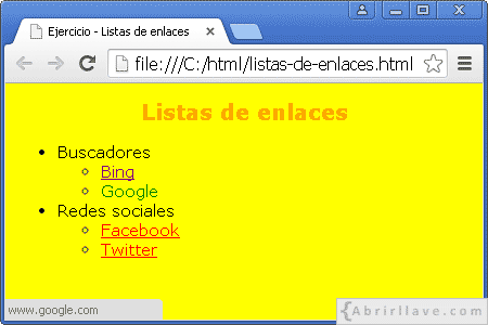 Visualización del archivo listas-de-enlaces.html en Google Chrome, con enlaces a Bing, Google, Facebook y Twitter.