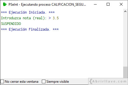 Ejemplo de salida por pantalla del programa CALIFICACIÓN SEGÚN NOTA escrito en pseudocódigo (con alternativa doble) usando PSeInt (SUSPENDIDO).
